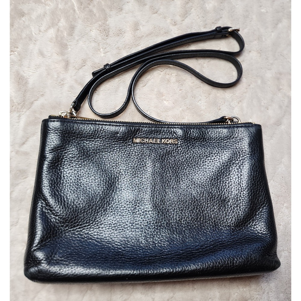 Michael Kors Black Pebbled Leather Triple Gusset Crossbody Bag Gold Hardware